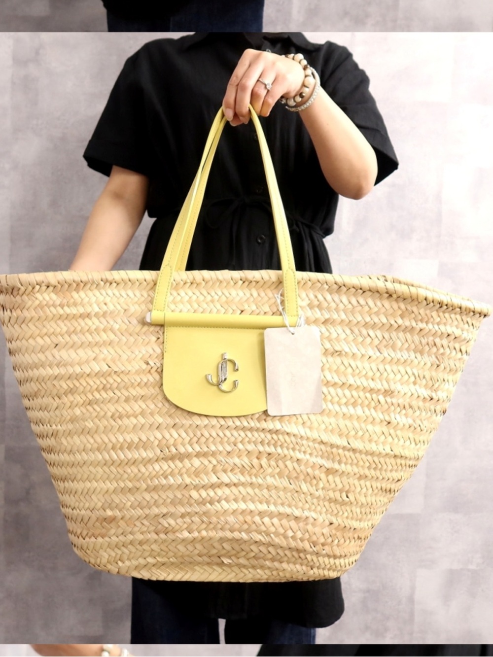 Jimmy Choo NWT Straw Tote Bag with Yellow Leather Trim